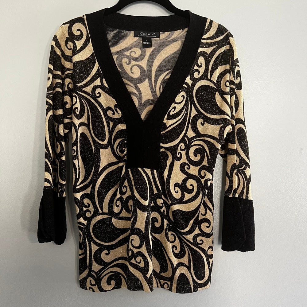 C'est City August Silk Gold Black Metallic Paisley V-Neck‎ Large Baroque glam